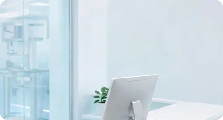 Empty clinic reception desk with a computer and no staff present.
