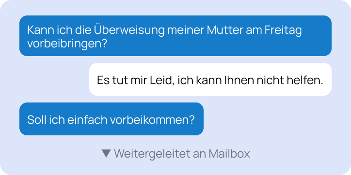 Chat showing a basic AI chatbot failing to answer a patient's questions and dropping the conversation to voicemail.