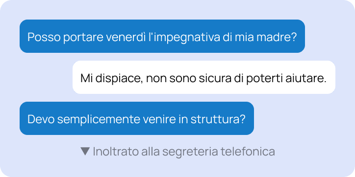 Chat showing a basic AI chatbot failing to answer a patient's questions and dropping the conversation to voicemail.