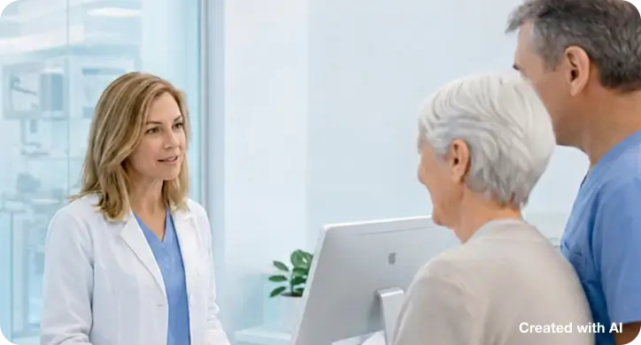 Healthcare staff talking with an elderly patient at a clinic front desk - Created by AI