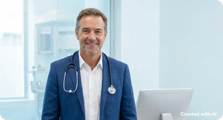 Smiling doctor with a stethoscope standing in a bright clinic - Created by AI.