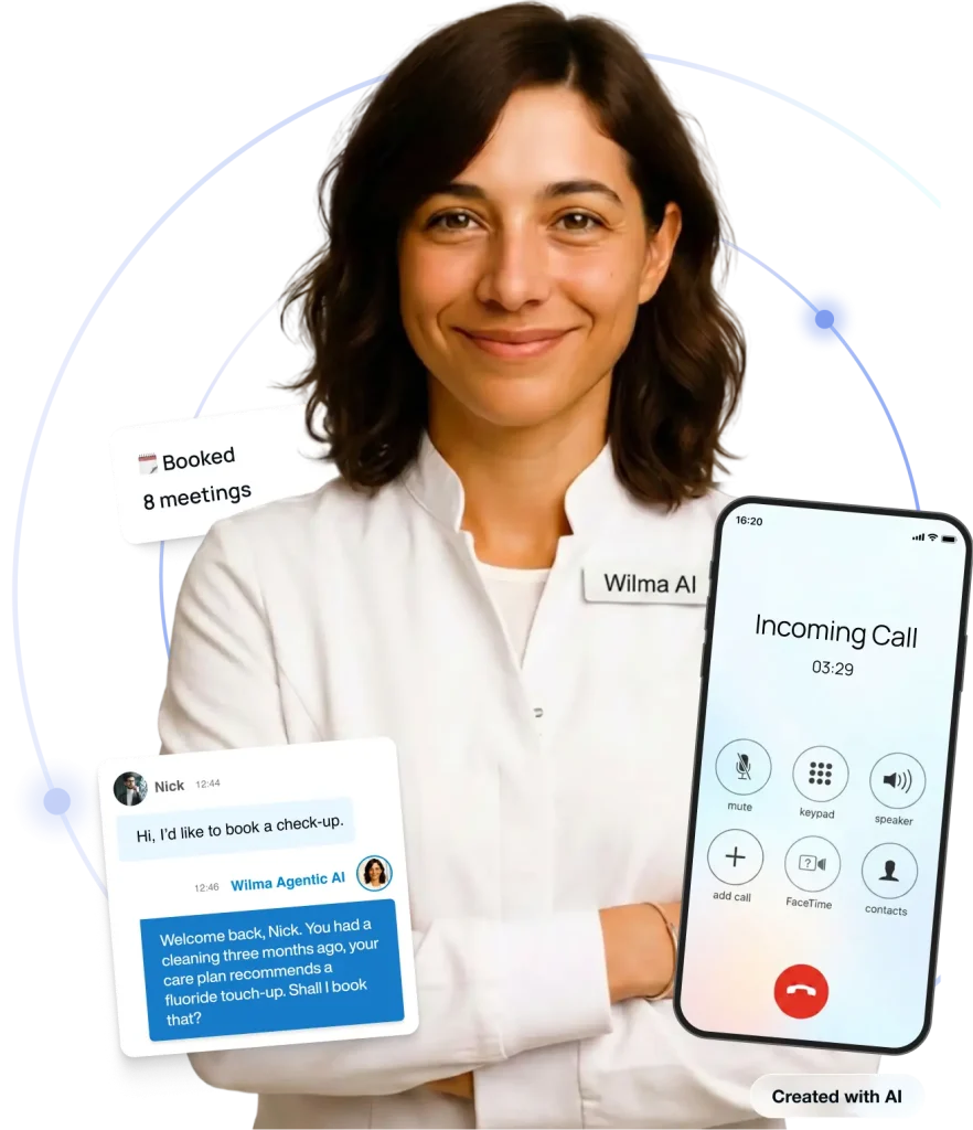 Wilma AI medical receptionist shown with an incoming call screen, a patient chat, and a booked-meetings badge - Created by AI