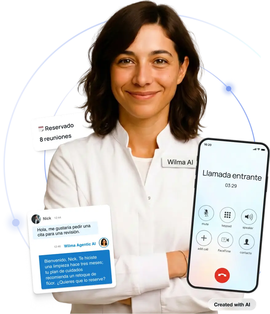 Wilma AI medical receptionist shown with an incoming call screen, a patient chat, and a booked-meetings badge - Created with AI