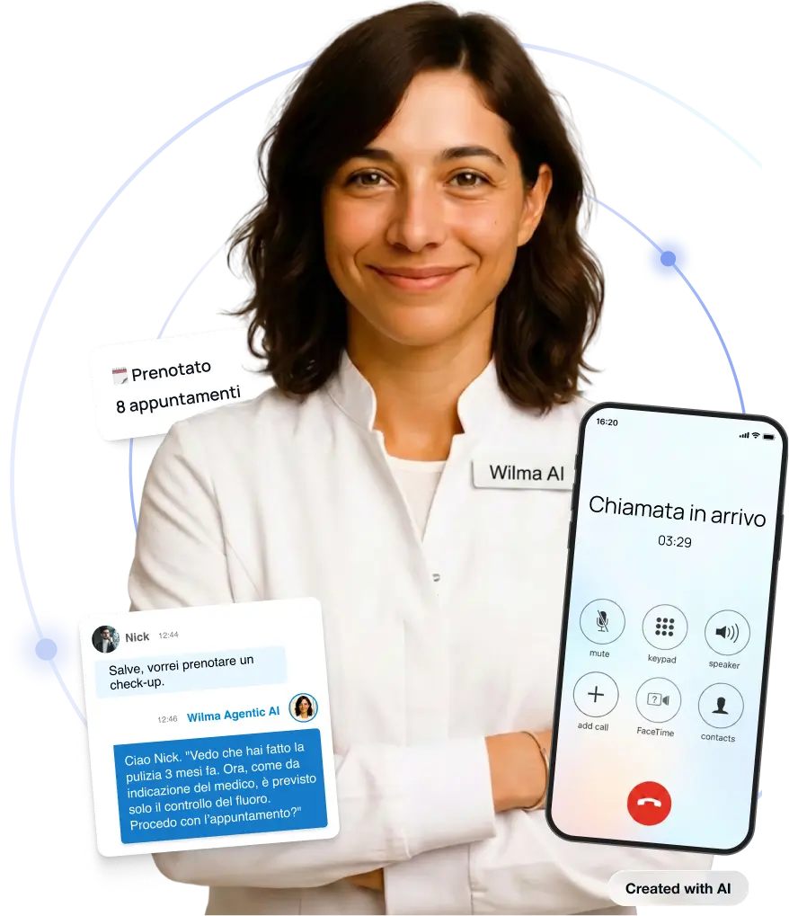 Wilma AI medical receptionist shown with an incoming call screen, a patient chat, and a booked-meetings badge - Created with AI